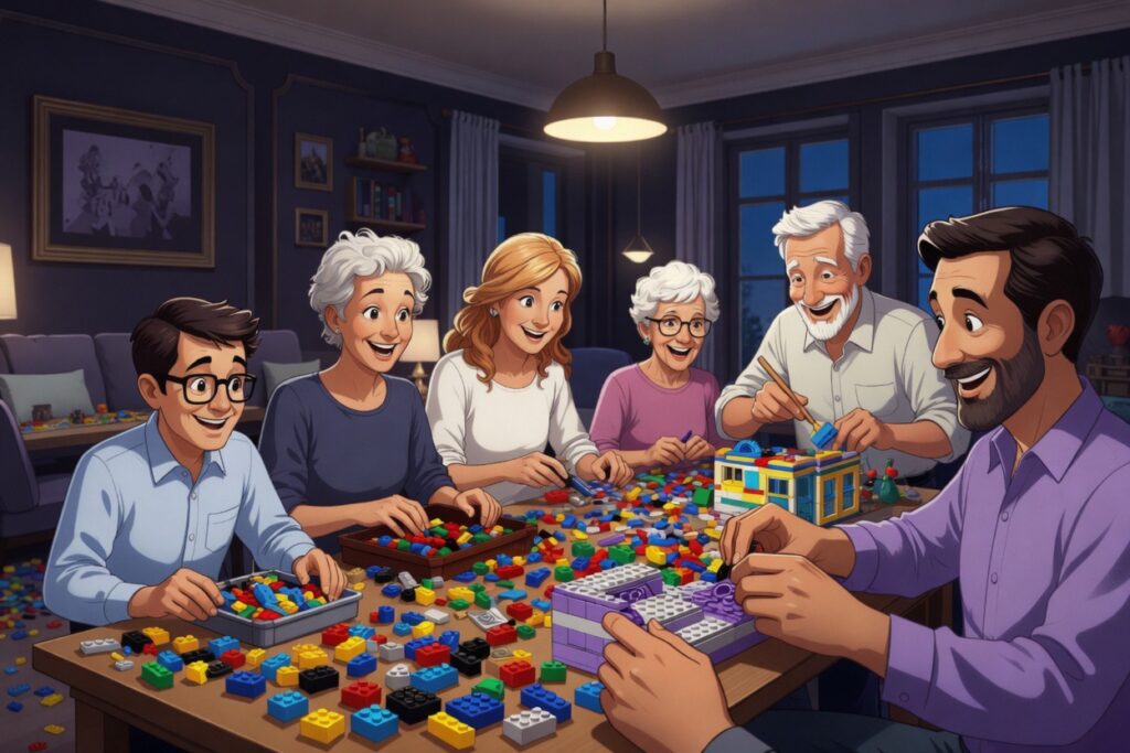 Illustrated multigenerational family smiling and building with colorful bricks together at a table in a cozy living room at night
