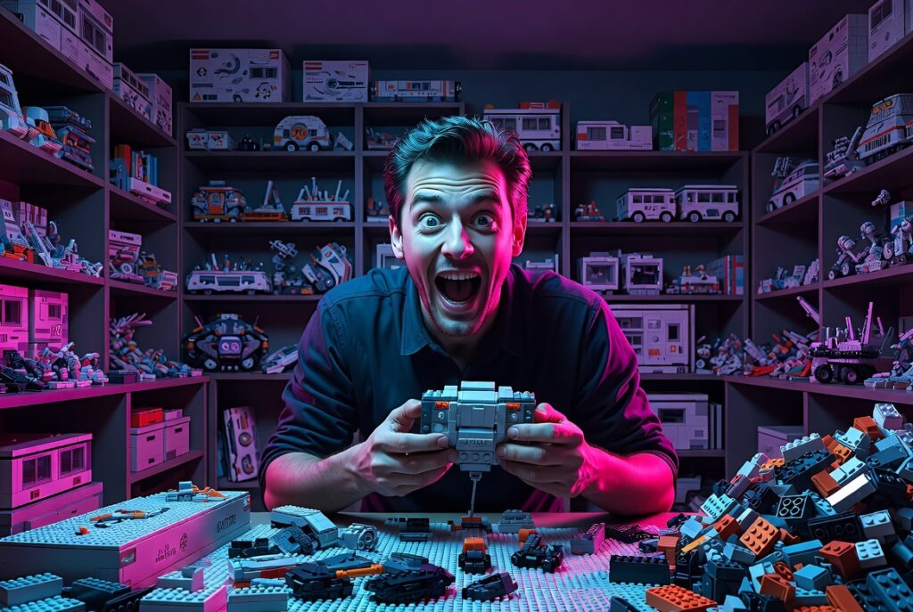 Excited man holding a brick model at a table covered in bricks, surrounded by shelves full of brick sets and boxes