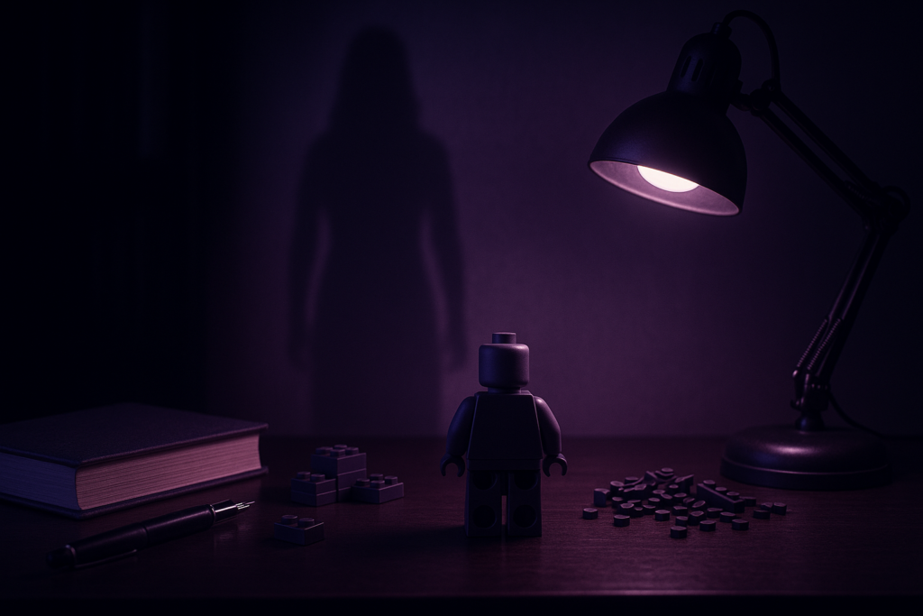 A lone LEGO minifigure on a dark desk with scattered bricks and books, casting an eerie human-shaped shadow under a dim desk lamp