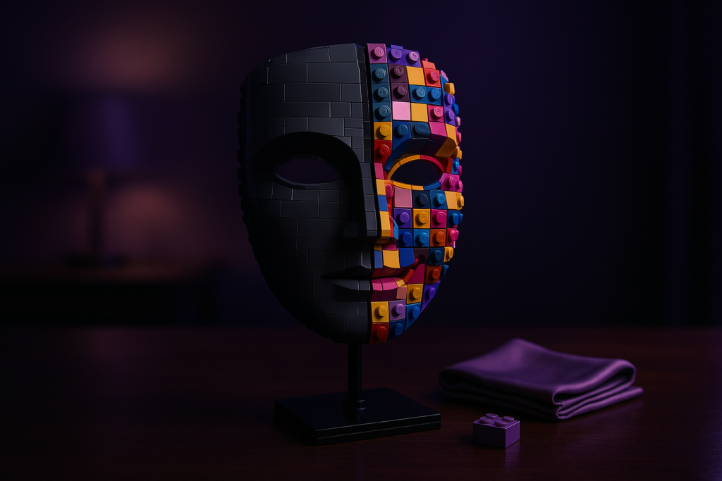 A LEGO face mask on a stand, split between matte black bricks and colorful multicolored bricks, displayed against a dark background